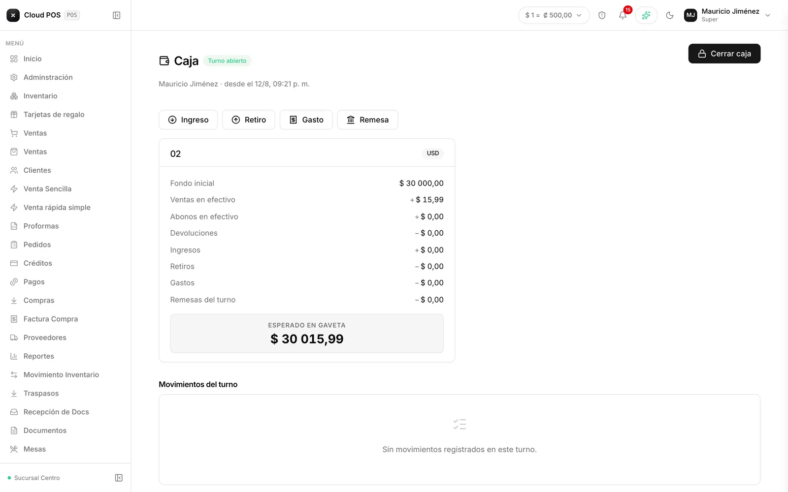 Caja: Un turno abierto: los movimientos del día y el resumen por moneda.