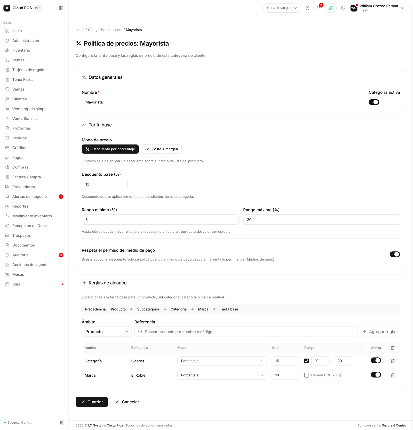 La política de precios de una categoría: modo de precio, descuento base, el rango hasta donde el cajero la puede mover, y las reglas por categoría de producto o marca.