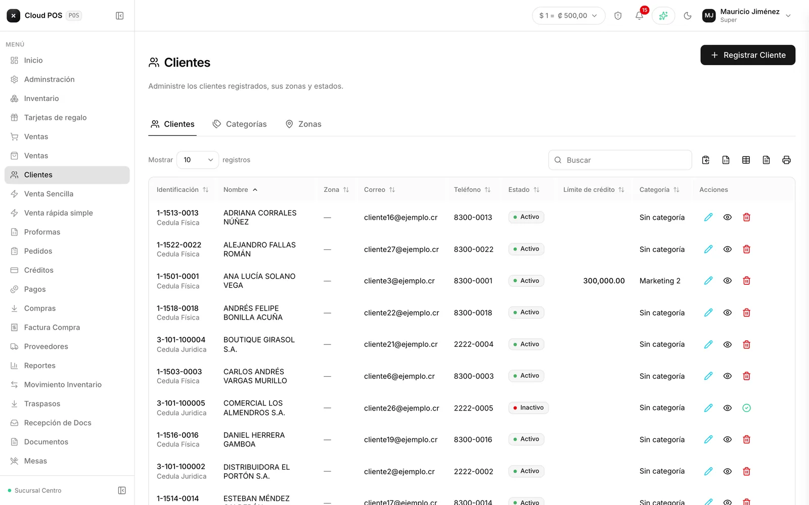 Clientes: La lista de clientes, con su estado, zona y límite de crédito.