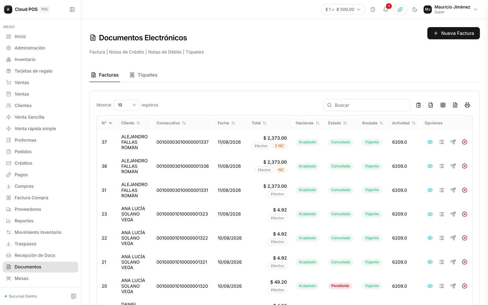 Documentos: El historial de comprobantes, separado por pestañas.