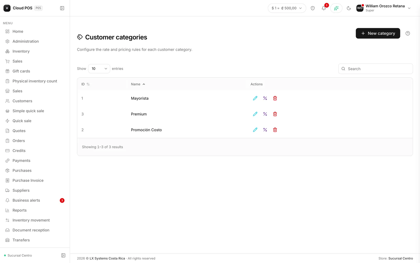 The customer category catalog.