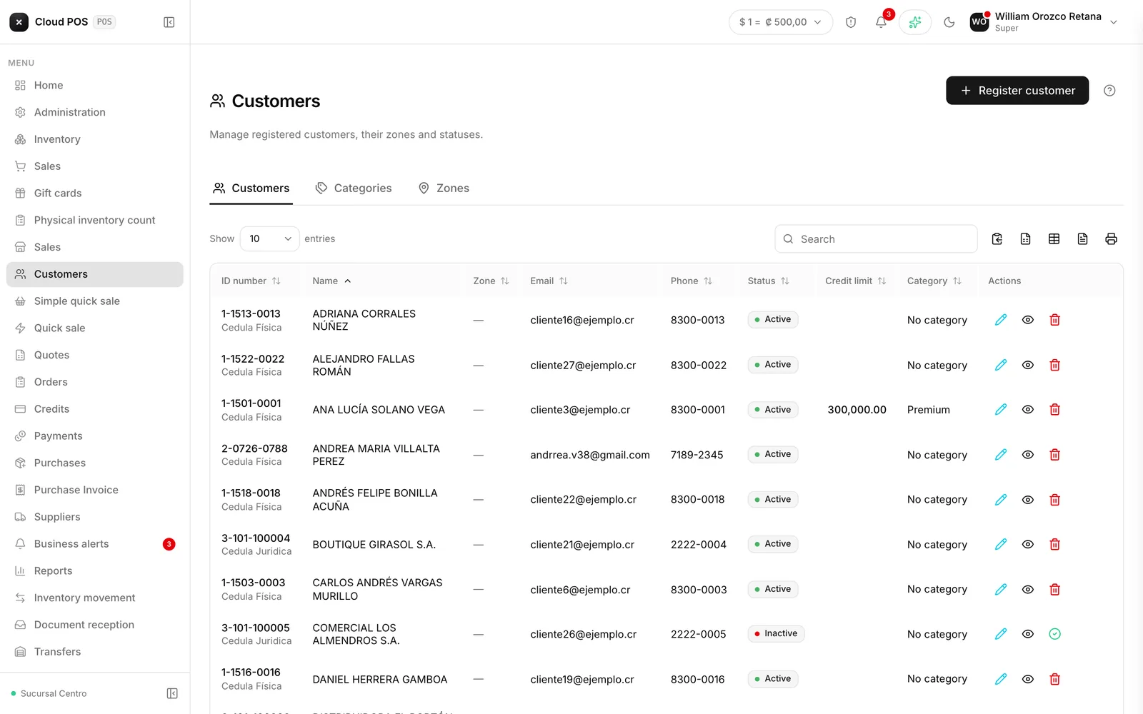 The customer list, with status, zone, and credit limit.
