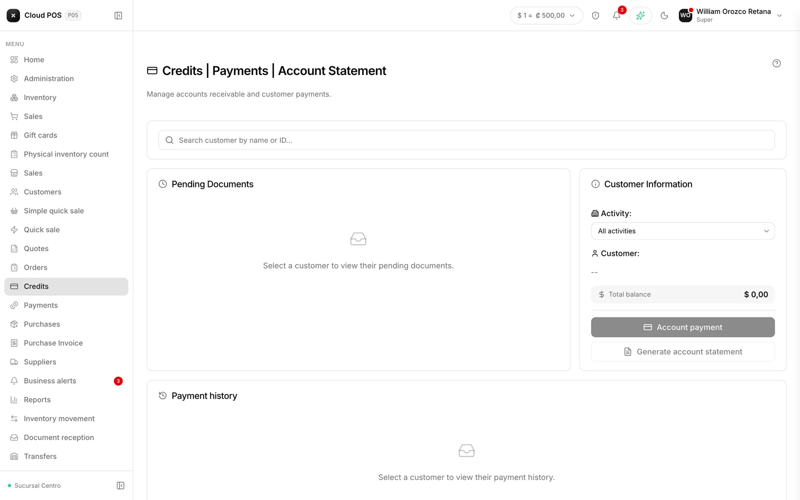 The customer's balance, pending documents, and history.