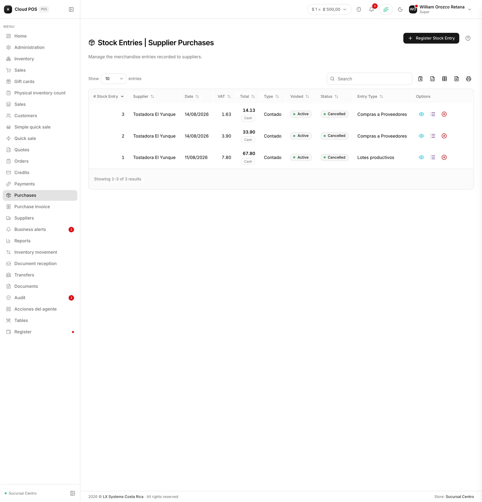 The purchase list: supplier, total, whether it's active or voided.