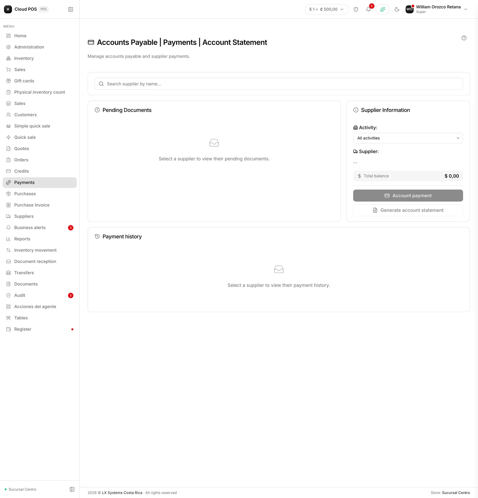 The supplier's pending documents and payment history.