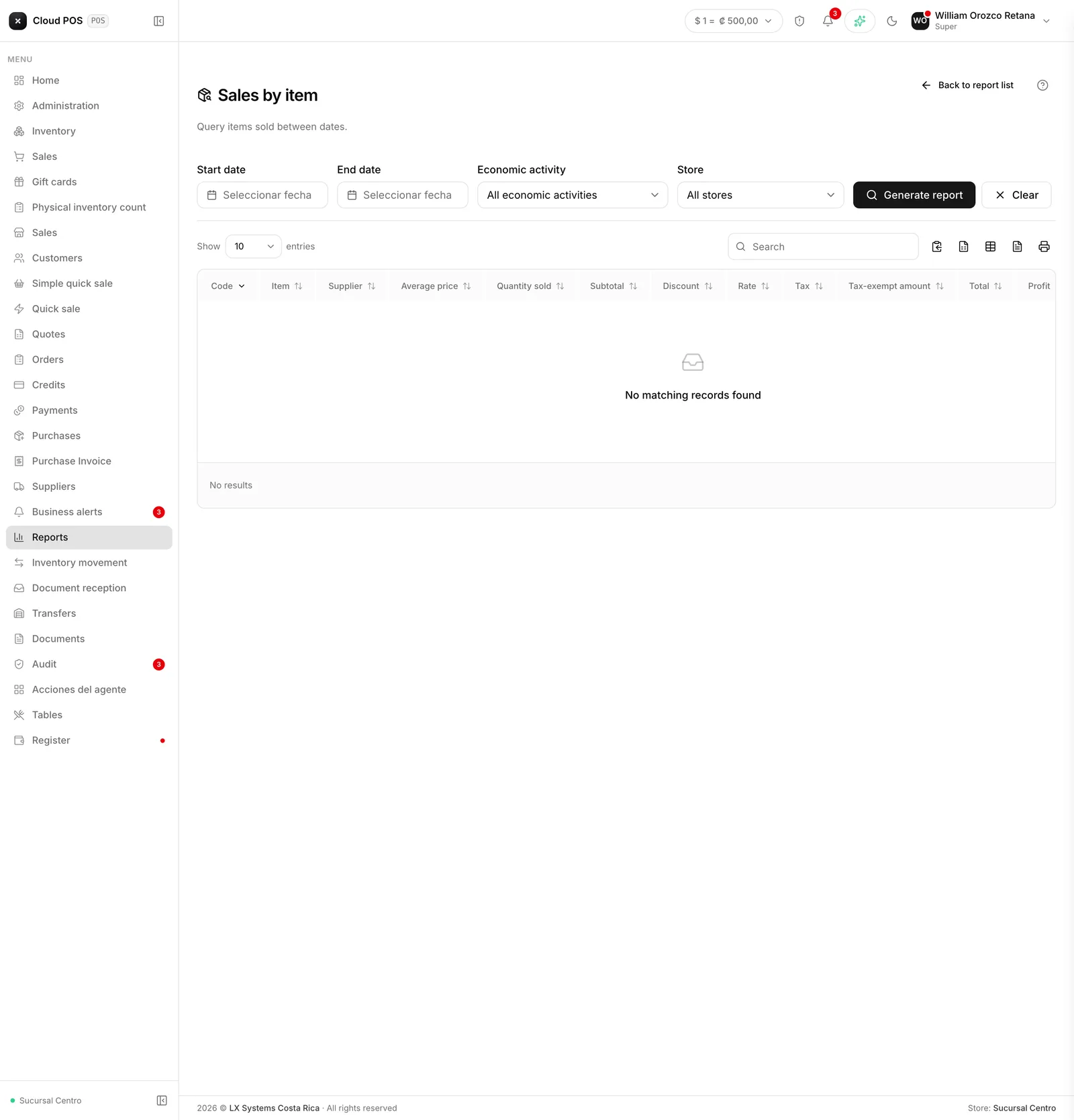 Products sold, with their quantity and profit.