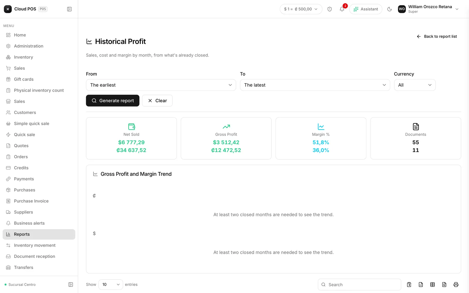 The report, month by month: sales, cost and profit, with the margin as a percentage.