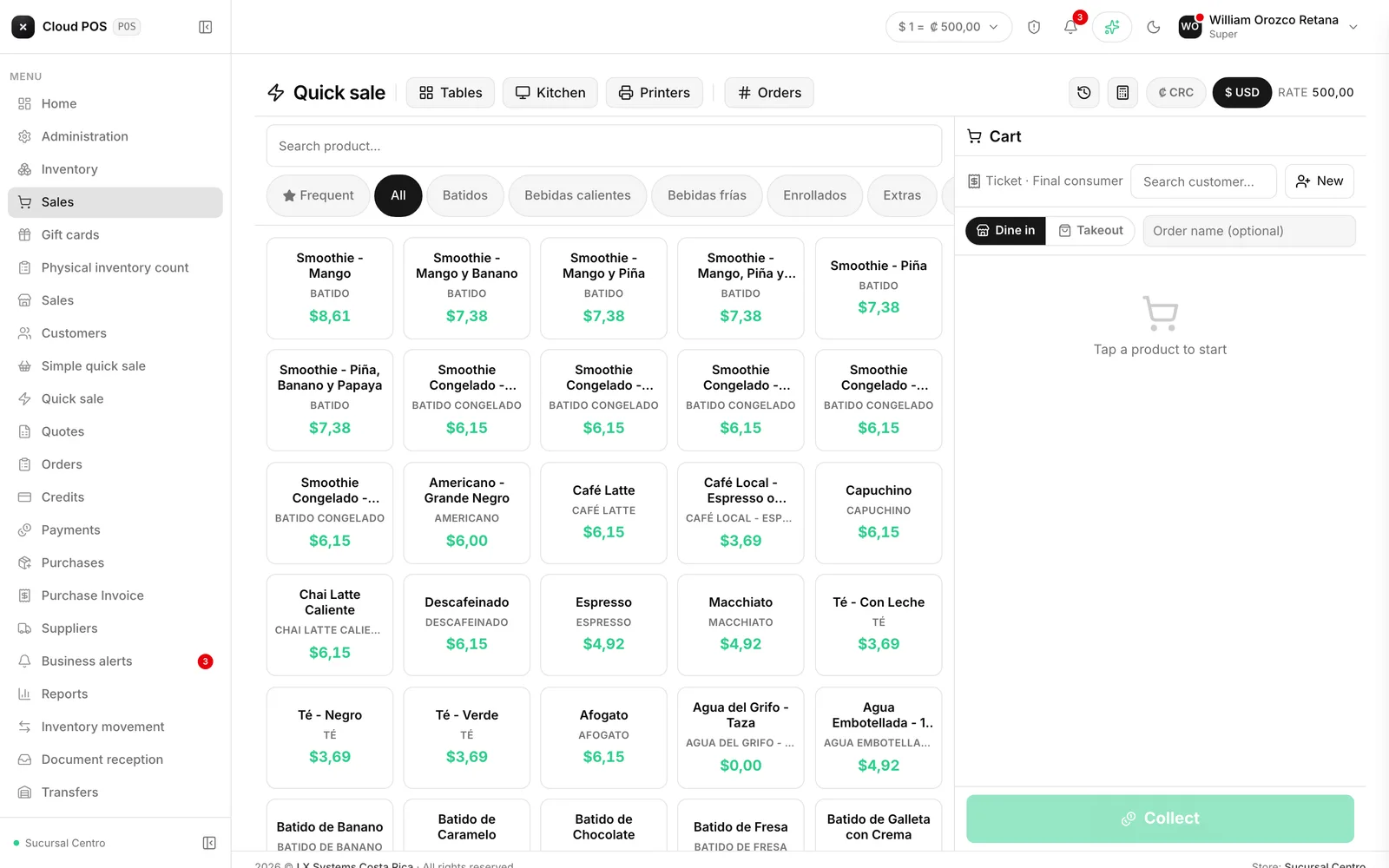 Quick sale (touch): tap the product and it enters the cart.