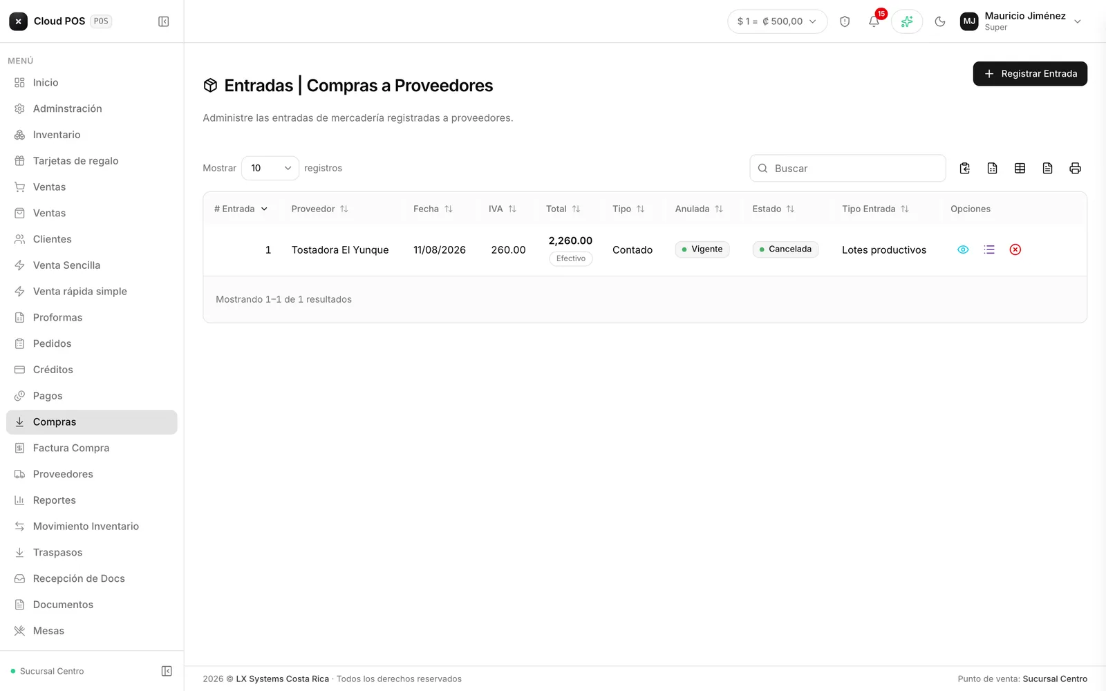Compras: El listado de compras: proveedor, total, si está vigente o anulada.