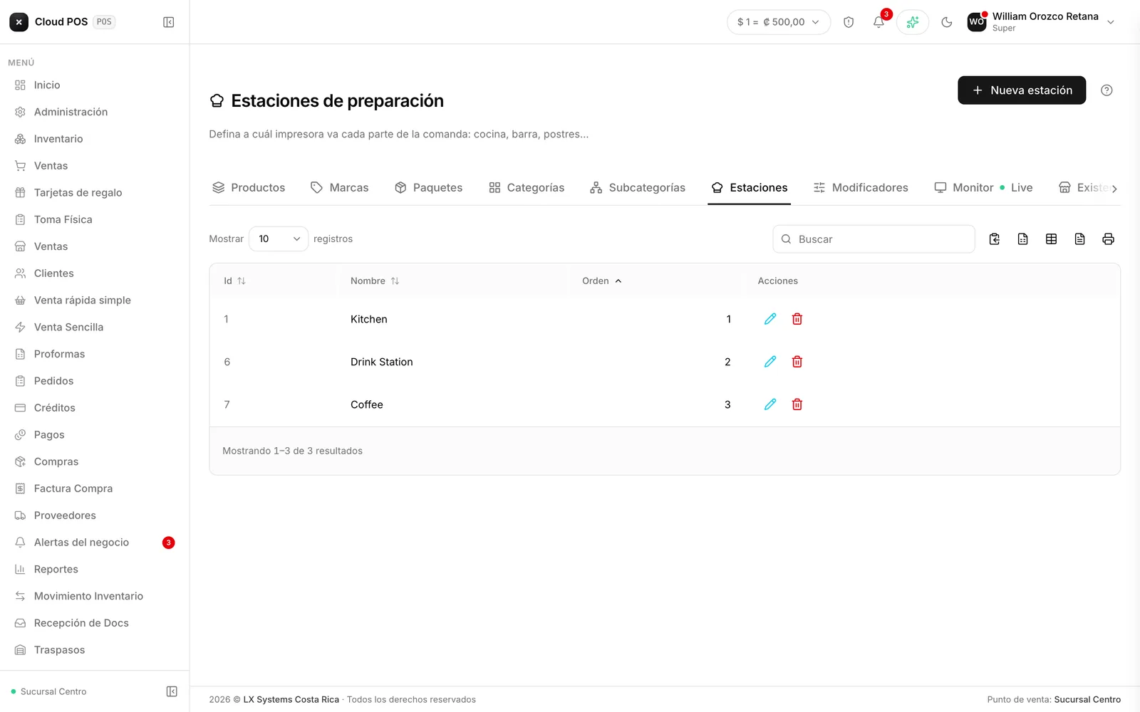 Las estaciones configuradas, con su orden.