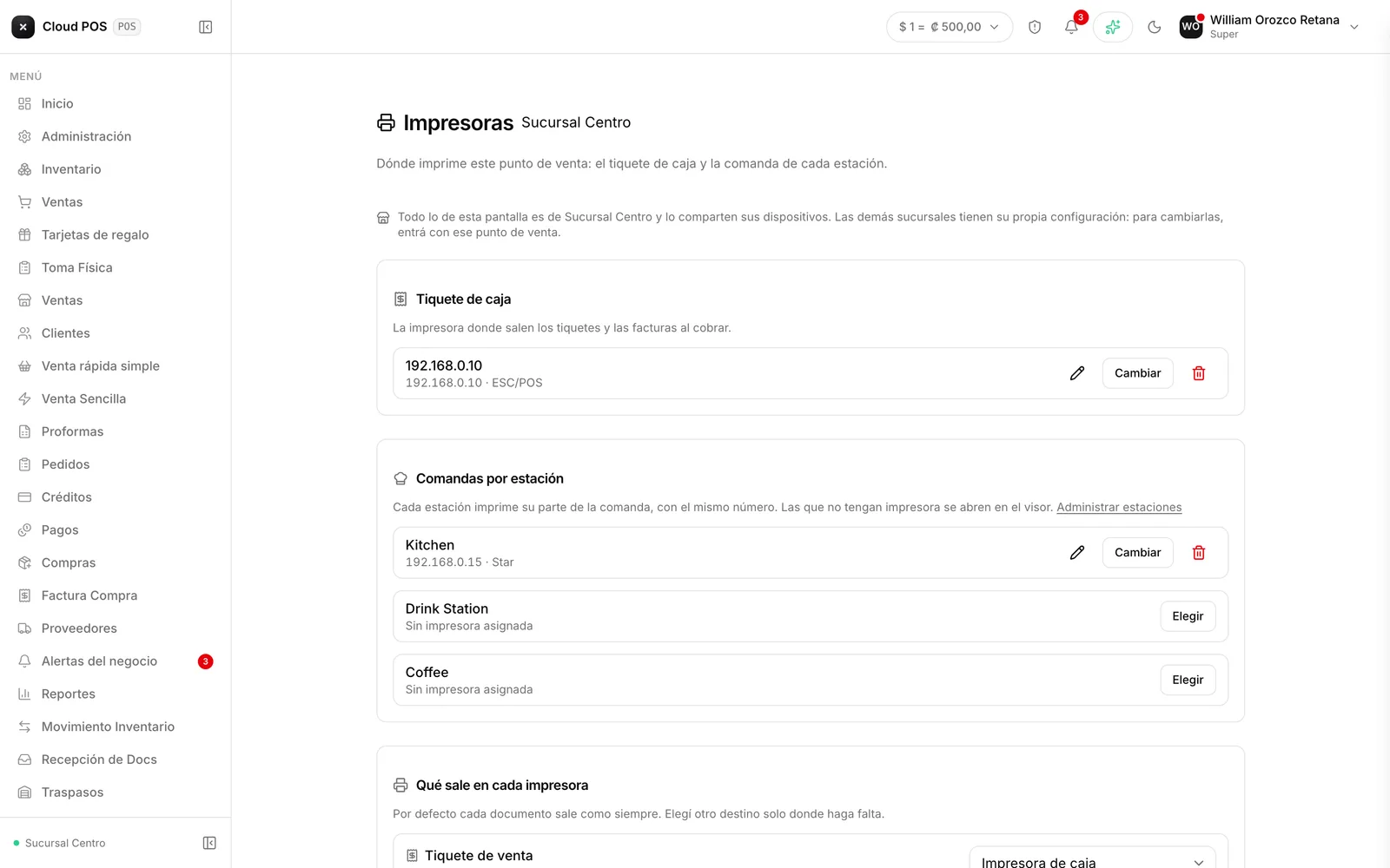Las impresoras configuradas para cada punto de venta.
