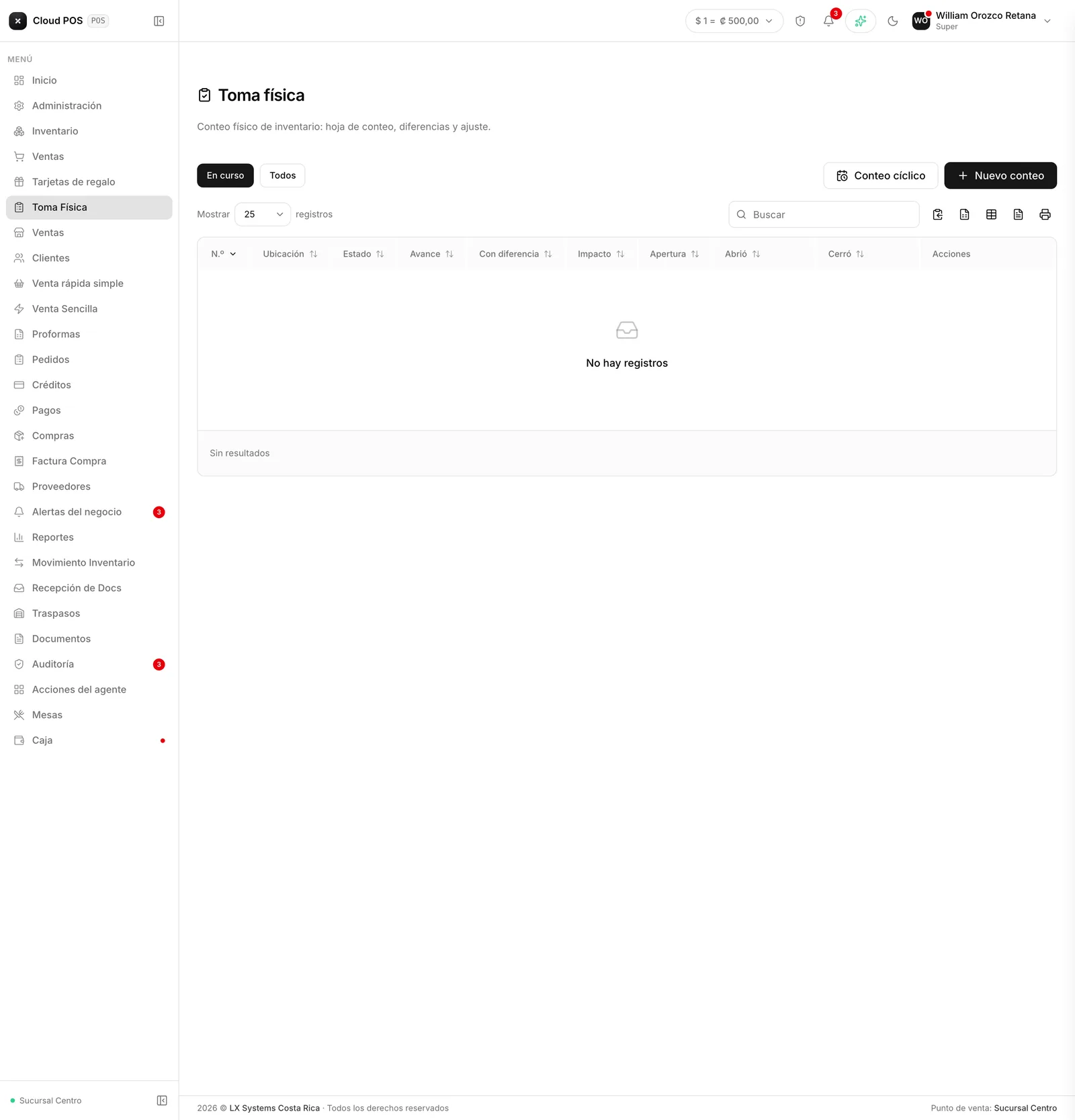 La lista de conteos, con su estado, su avance y su impacto.