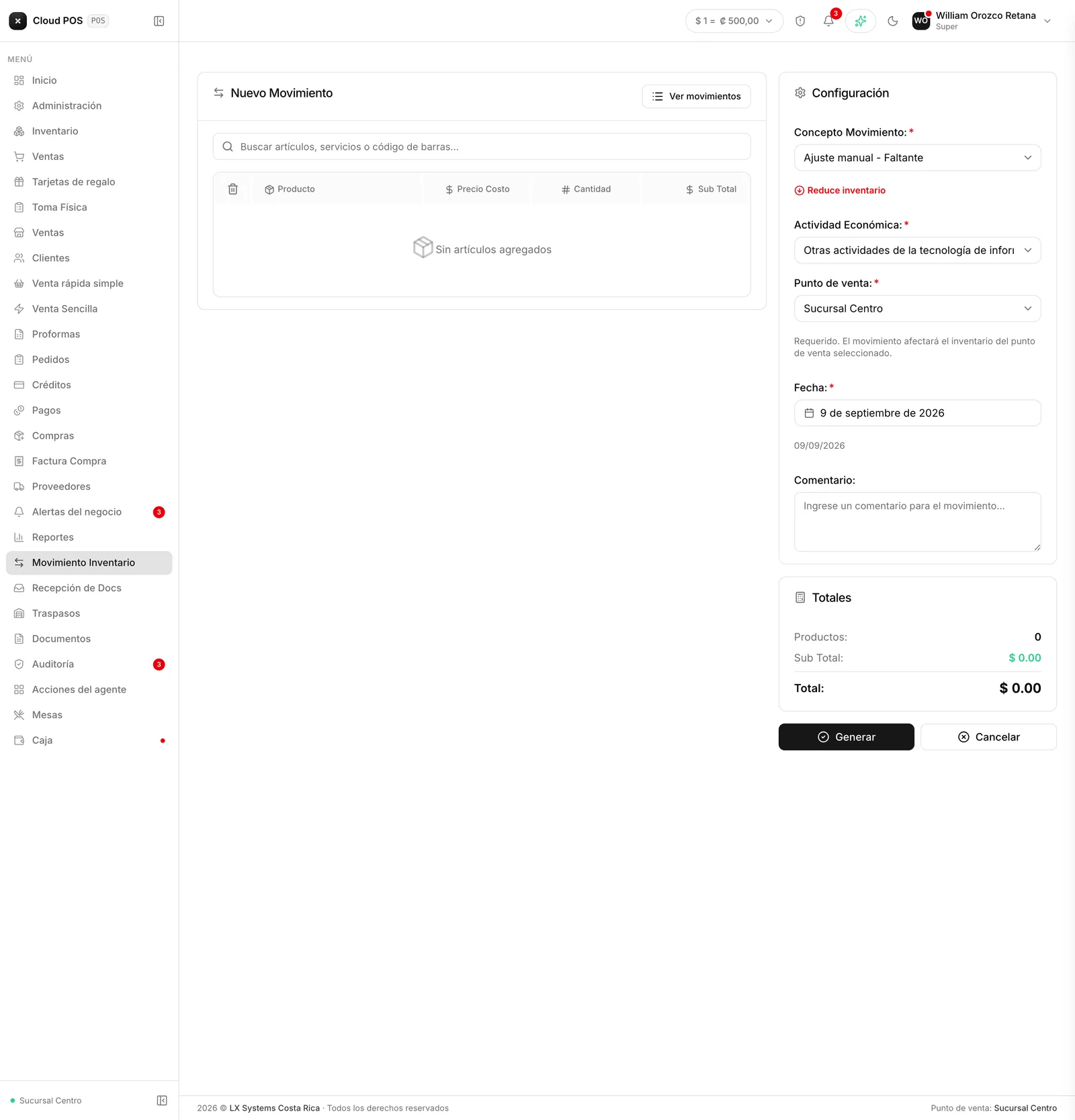 El formulario de movimiento.