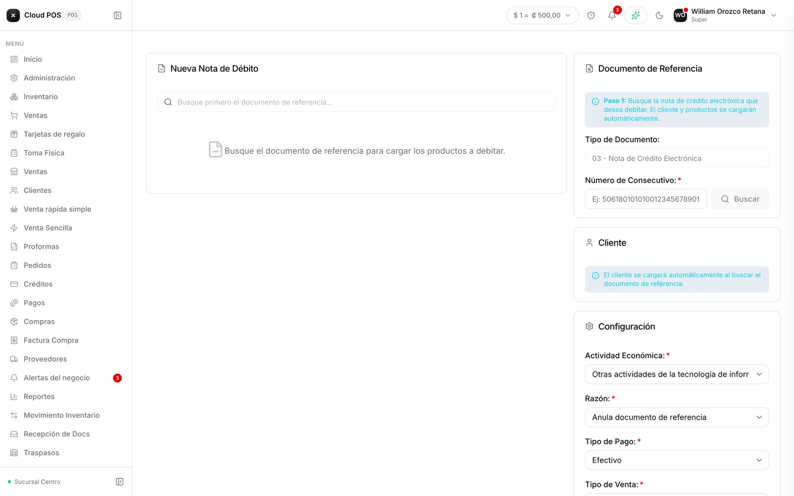 El tipo de documento viene fijo: siempre una nota de crédito.