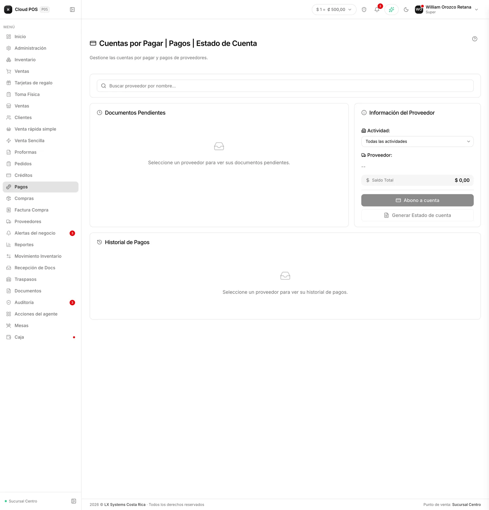Los documentos pendientes del proveedor y su historial de pagos.