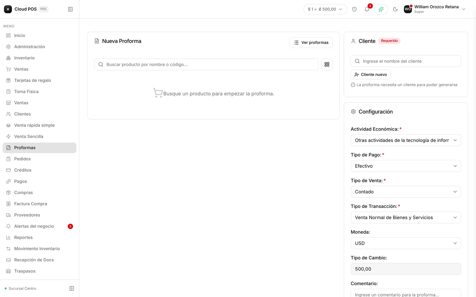 El formulario de proforma.