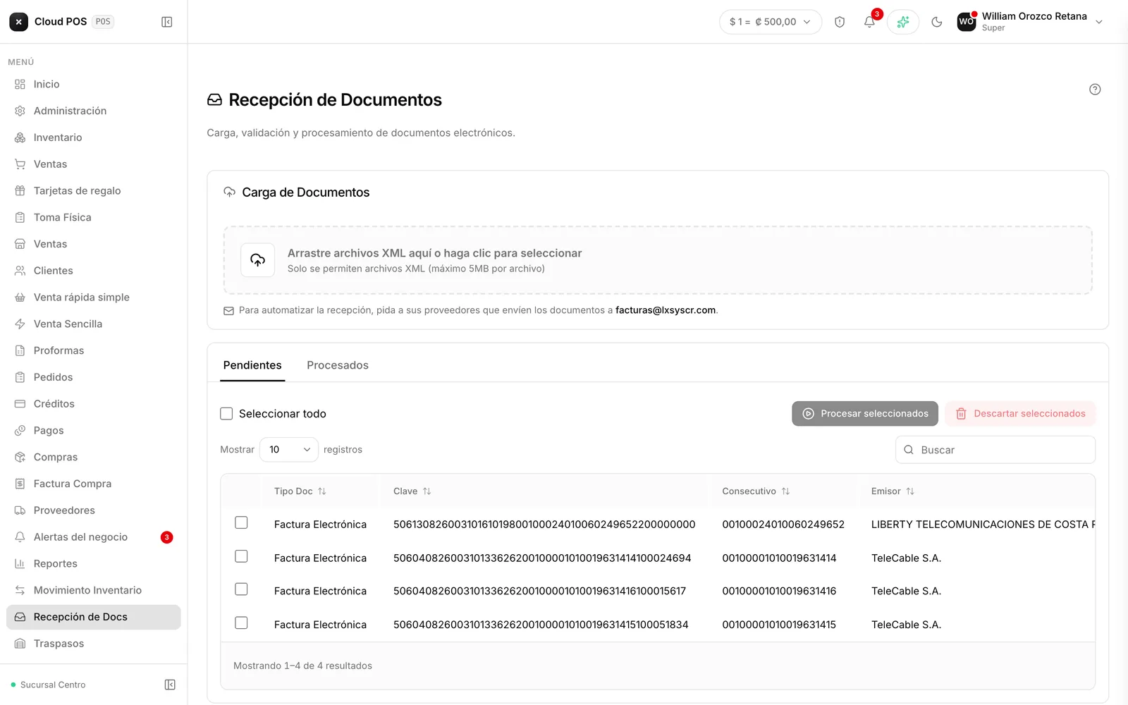 La bandeja de documentos recibidos, pendientes y procesados.