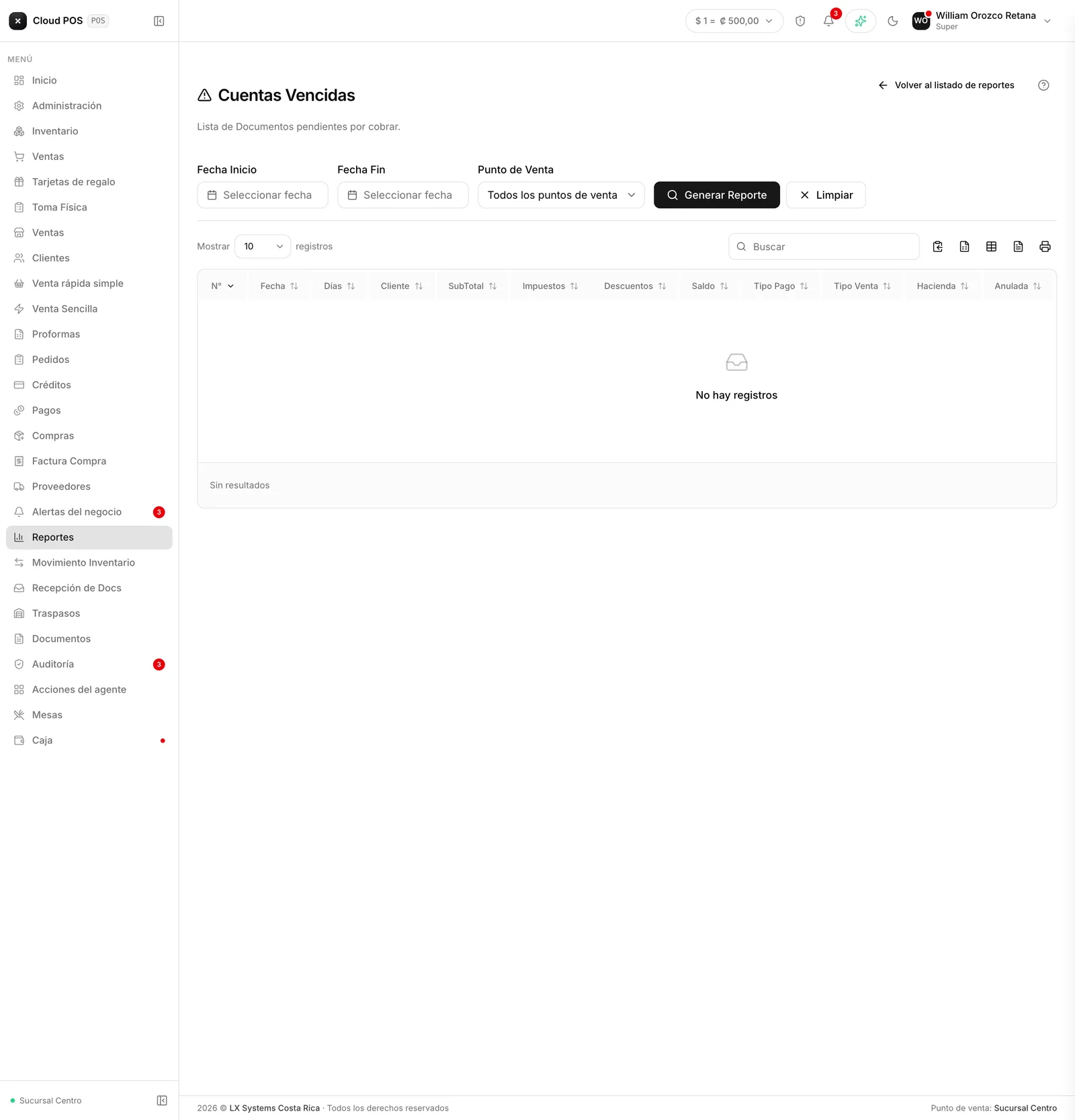 Los documentos vencidos, con sus días de atraso.